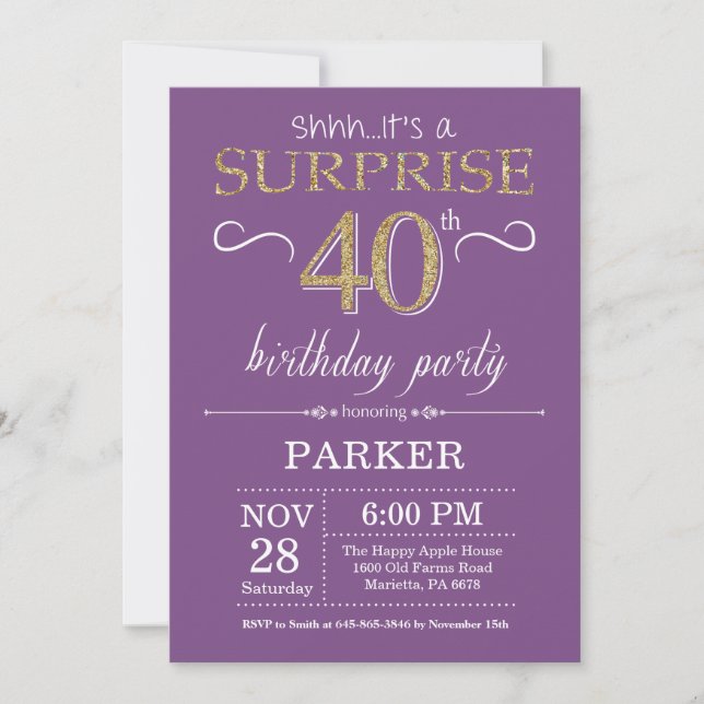 Surprise 40e anniversaire Invitation violet et or (Devant)