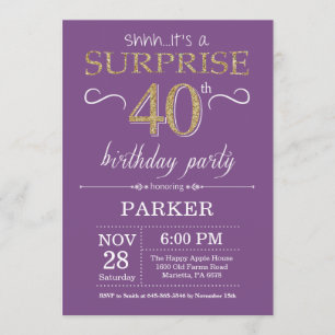 Surprise 40e anniversaire Invitation violet et or