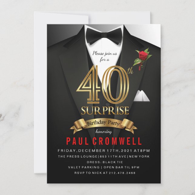 Surprise 40e anniversaire Tuxedo Invitation (Devant)