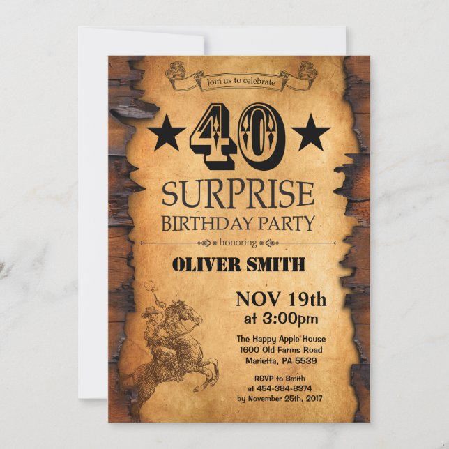 Surprise 40e Invitation Occidentale Anniversaire (Devant)