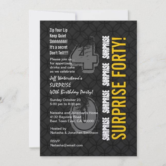 SURPRISE 40th Modern Birthday Black and Gold V001 Einladung (Vorderseite)