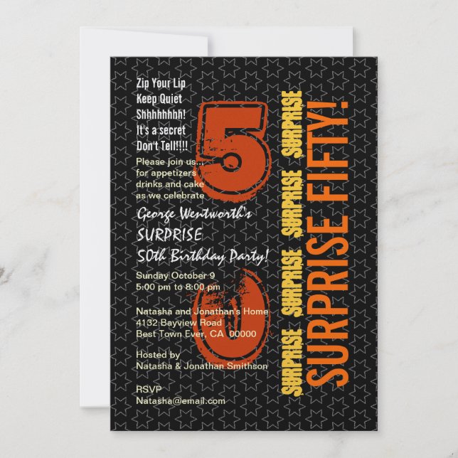 SURPRISE 50. Modern Birthday Black Gold Orange Einladung (Vorderseite)