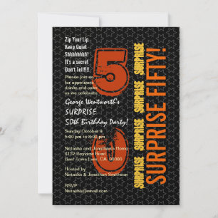 SURPRISE 50. Modern Birthday Black Gold Orange Einladung