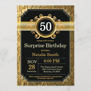 Surprise 50e anniversaire Invitation Black and Gol