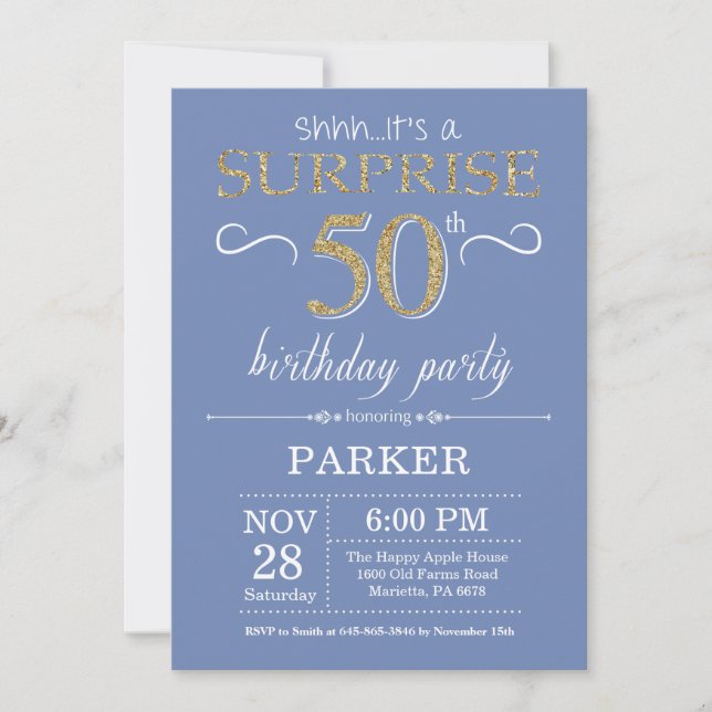 Surprise 50e anniversaire Invitation Bleu et or (Devant)