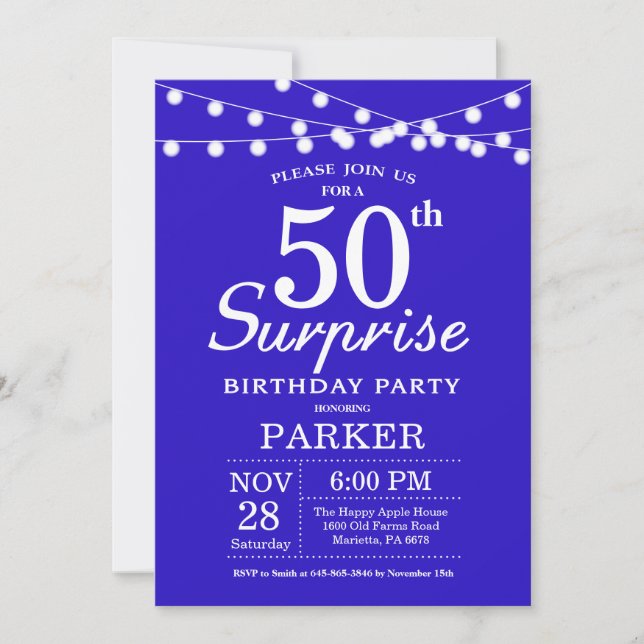 Surprise 50e anniversaire Invitation bleu royal (Devant)