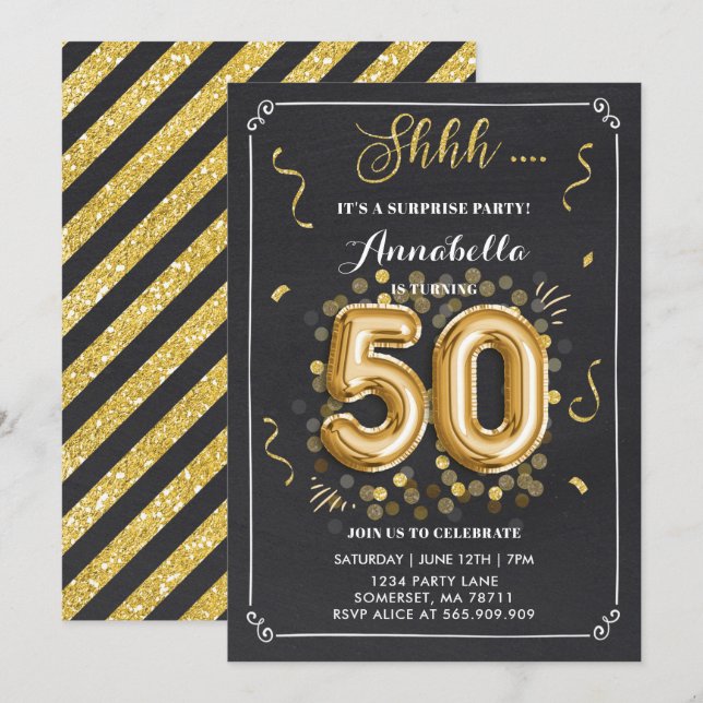 Surprise 50e anniversaire Invitation Gold Chalkboa (Devant / Derrière)