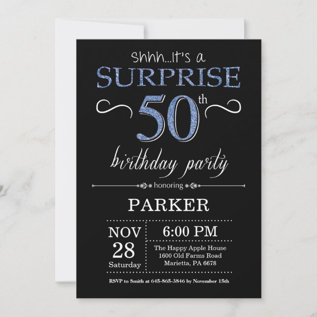 Surprise 50e anniversaire Invitation noir et bleu (Devant)
