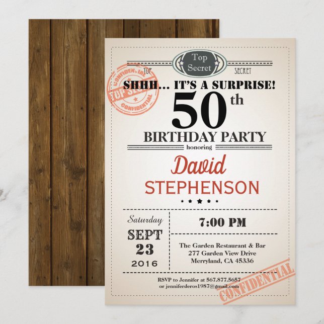 Surprise 50e anniversaire invitation pour les homm (Devant / Derrière)