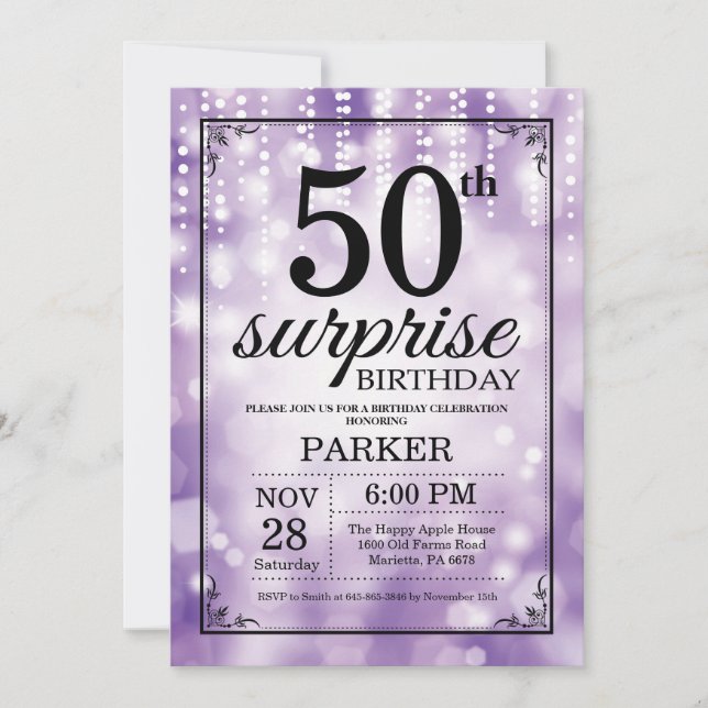 Surprise 50e anniversaire Invitation Purple Partie (Devant)