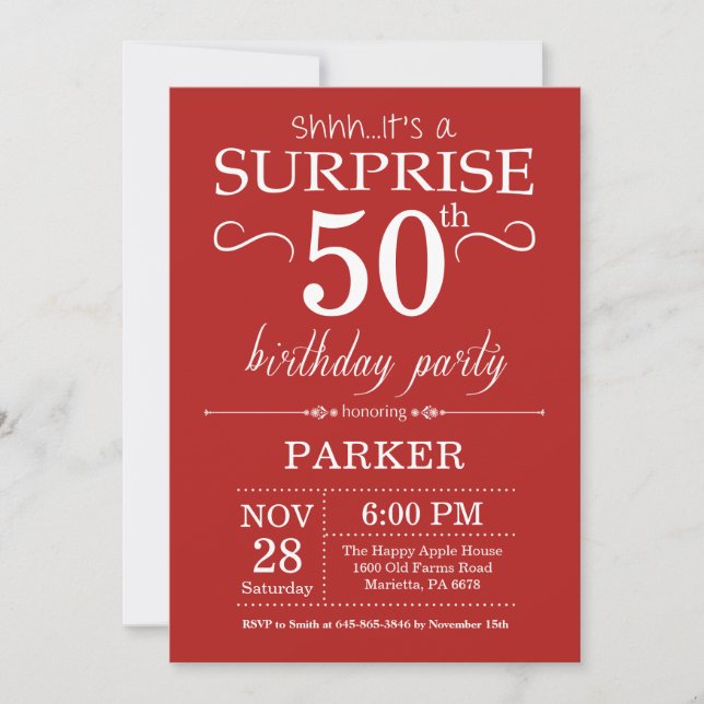 Surprise 50e anniversaire Invitation Rouge (Devant)