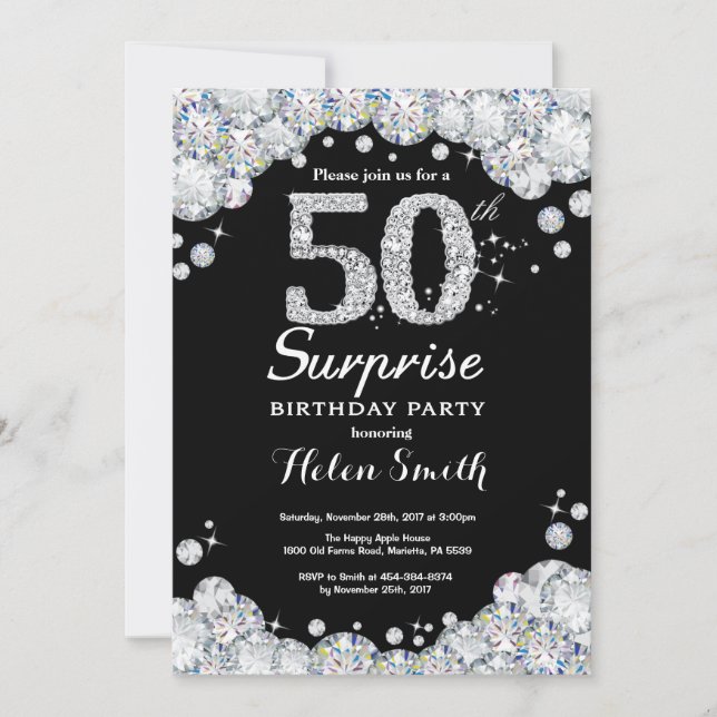 Surprise 50e anniversaire Invitation Silver Diamon (Devant)