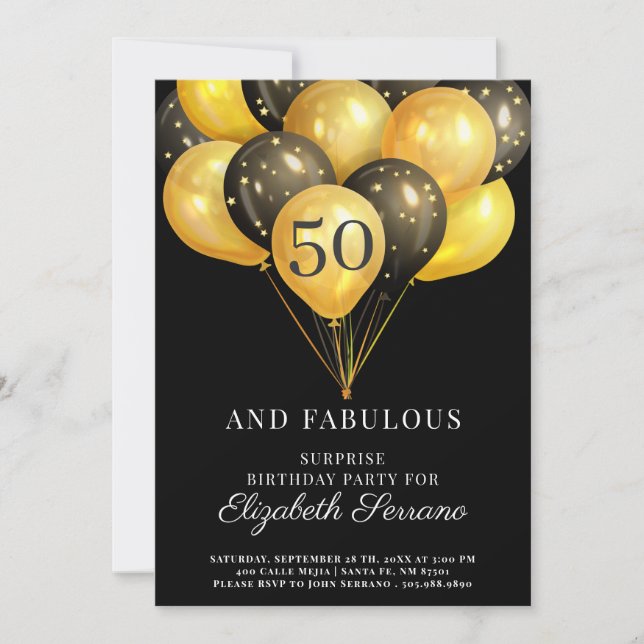 Surprise 50th Birthday Black And Gold Invitation Einladung (Vorderseite)