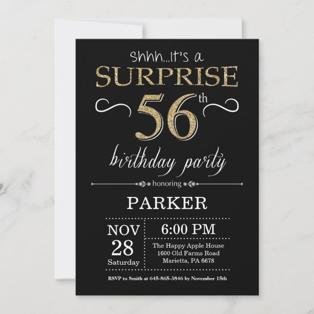 Surprise 56e anniversaire Invitation Black and Gol (Devant)