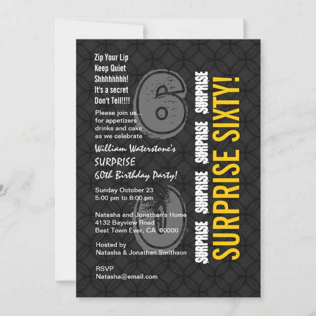 SURPRISE 60. Modern Birthday Charcoal Gold W206 Einladung (Vorderseite)