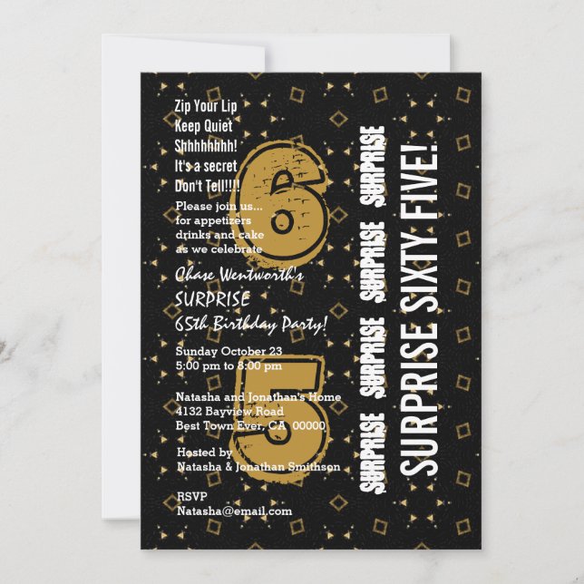SURPRISE 65th Modern Birthday Gold und Black W199A Einladung (Vorderseite)
