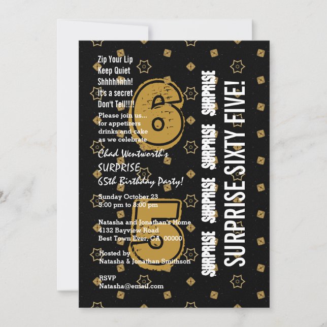 SURPRISE 65th Modern Birthday Gold und Black W199B Einladung (Vorderseite)