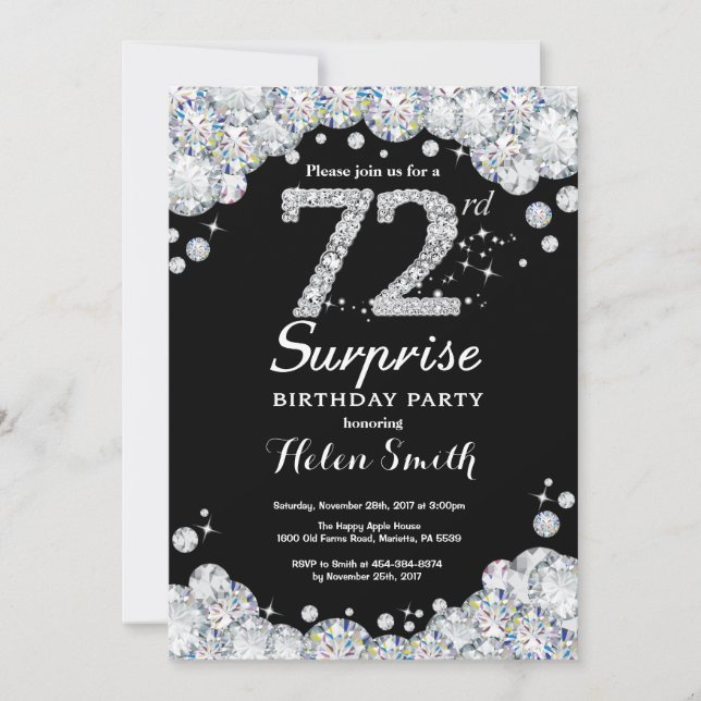 Surprise 72e anniversaire Invitation Silver Diamon (Devant)