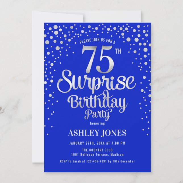 Surprise 75th Birthday Party - Silver & Royal Blue Einladung (Vorderseite)