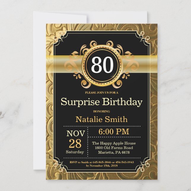 Surprise 80e anniversaire Invitation Black and Gol (Devant)