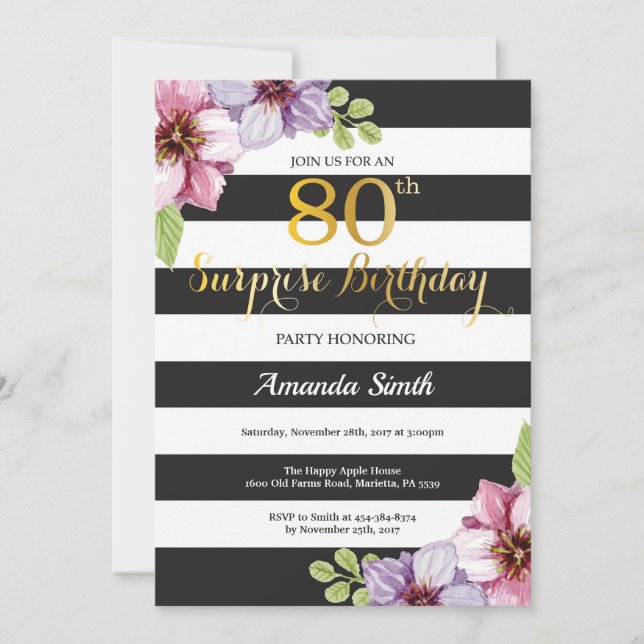Surprise 80e anniversaire Invitation Femmes Floral (Devant)