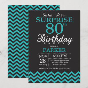 Surprise 80e anniversaire Invitation Noir et Turqu