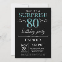Surprise 80e anniversaire Invitation Noir et Turqu