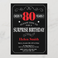 Surprise 80e anniversaire Invitation Rouge et Noir