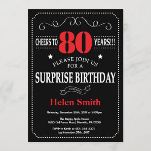 Surprise 80e anniversaire Invitation Rouge et Noir