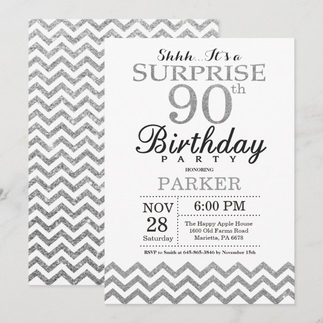 Surprise 90e anniversaire Invitation Parties scint (Devant / Derrière)