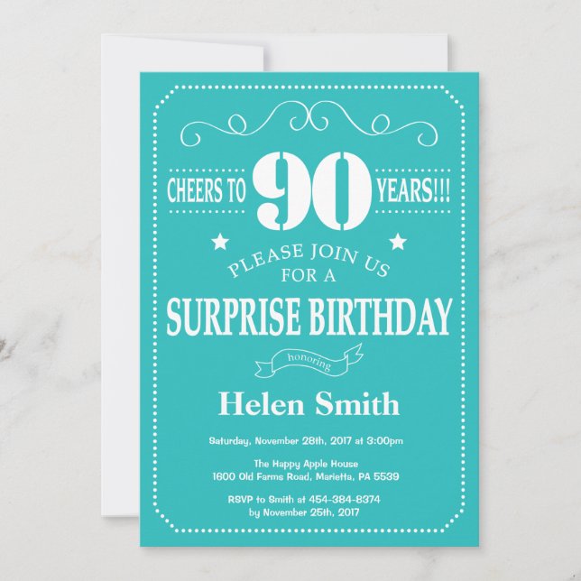 Surprise 90e anniversaire Invitation Turquoise et  (Devant)