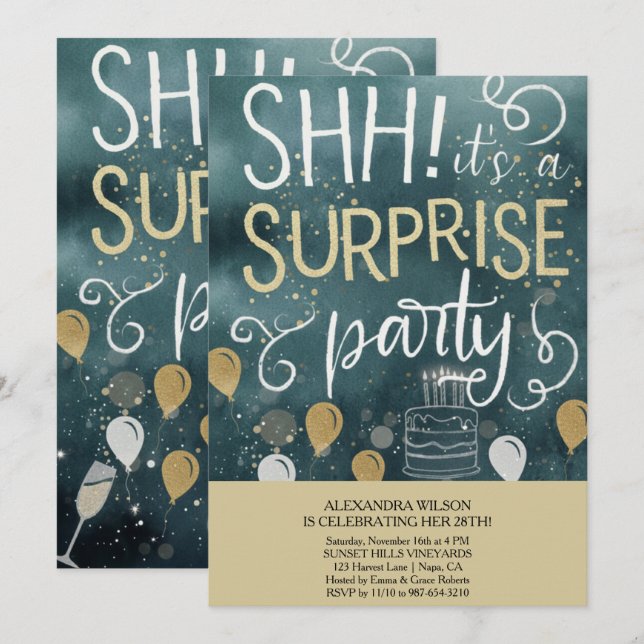 Surprise Birthday Party Invitation Einladung (Vorne/Hinten)