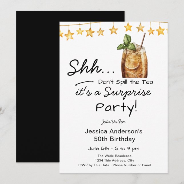 Surprise Birthday Party Spill the Tea Einladung (Vorne/Hinten)