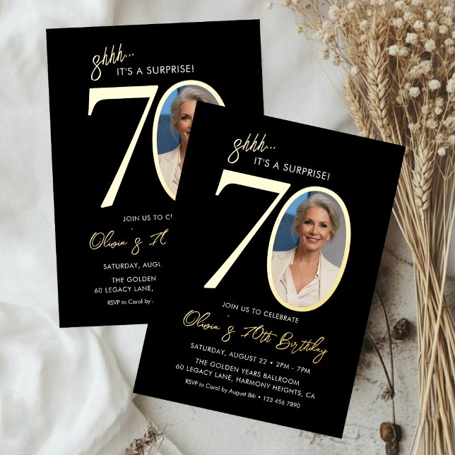 Surprise Black and Gold 70th Birthday Party Photo Folieneinladung (Von Creator hochgeladen)