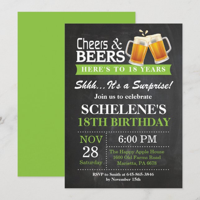 Surprise Cheers and Beers 18th Birthday Invitation (Devant / Derrière)