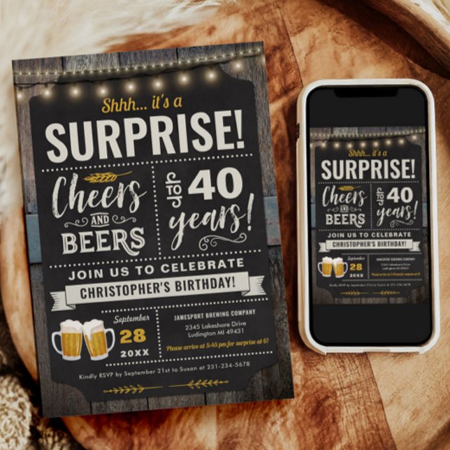 Surprise Cheers and Beers Invitation 40e anniversa (Surprise Cheers and Beers 40th Birthday Invitation)