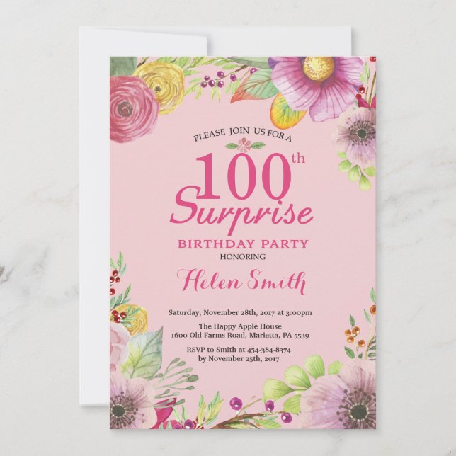 Surprise Floral 100e anniversaire Invitation Femme (Devant)