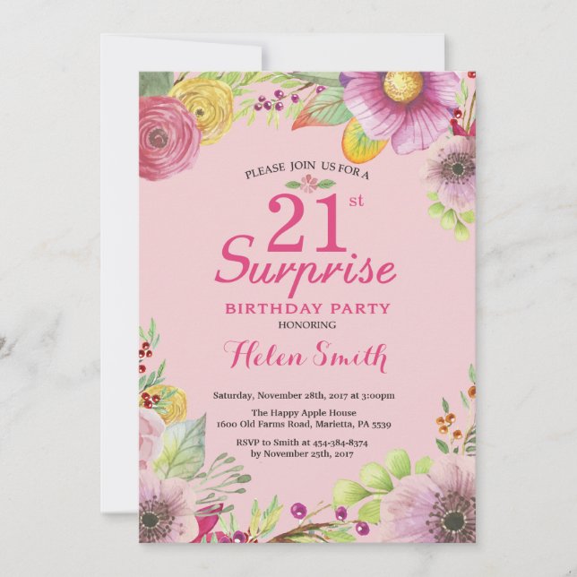 Surprise Floral 21e anniversaire Invitation pour f (Devant)