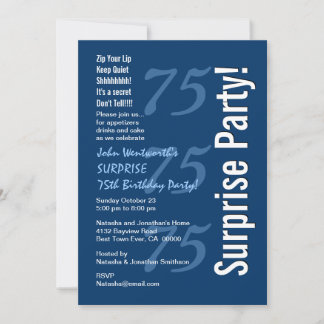 SURPRISE Moderne 75. Geburtstag Navy Blau und Weiß Einladung