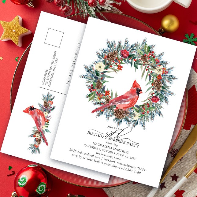 SURPRISE PARTY 50th Birthday Red Cardinal Wreath Einladungspostkarte (Von Creator hochgeladen)