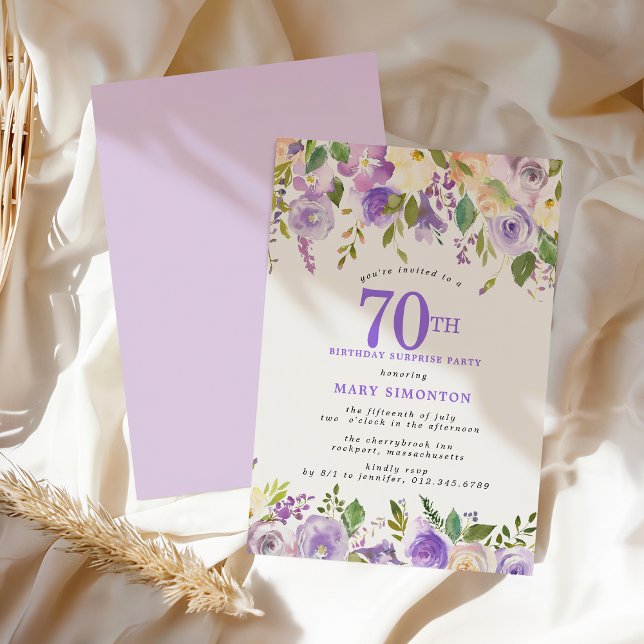 SURPRISE PARTY 70th Birthday Pretty Purple Floral Einladung (Von Creator hochgeladen)