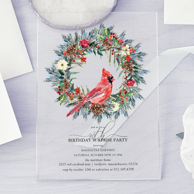SURPRISE PARTY 90th Birthday Cardinal Wreath Acryleinladungen (Von Creator hochgeladen)