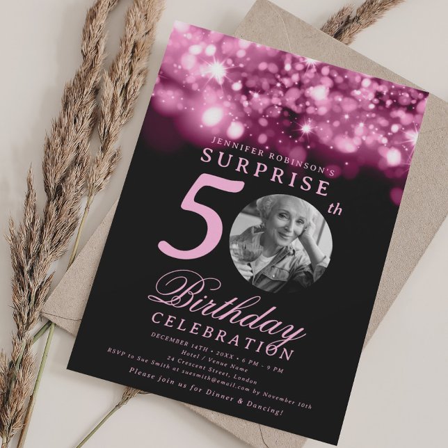SURPRISE Photo 50th Birthday Hot Pink Midnight  Einladung (SURPRISE Photo 50th Birthday Hot Pink Midnight Invitation)