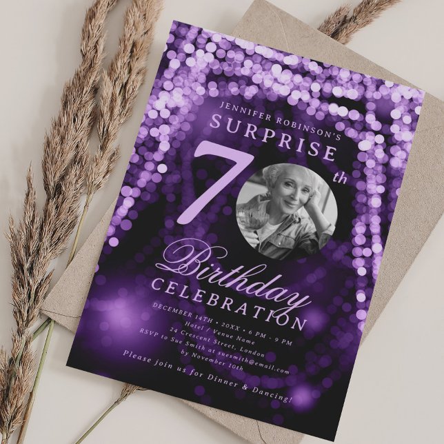 SURPRISE Photo 70th Birthday Purple Glam Lights  Einladung (SURPRISE Photo 70th Birthday Purple Glam Lights Invitation)