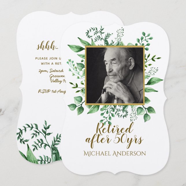 SURPRISE PHOTO Retraite Invitation Feuilles Kraft (Devant / Derrière)