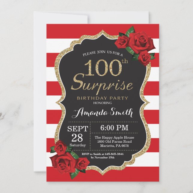Surprise Red Rose 100e anniversaire Invitation Or (Devant)