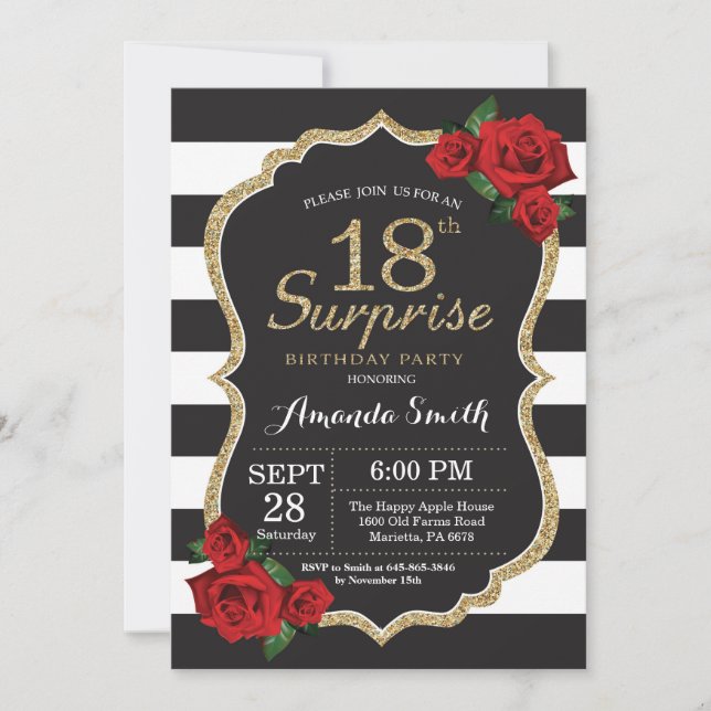 Surprise Red Rose 18e anniversaire Invitation Or (Devant)