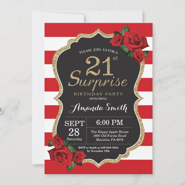 Surprise Red Rose 21st Birthday Invitation Gold (Devant)