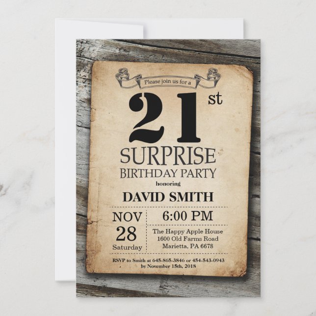 Surprise Rustic 21e anniversaire Invitation Vintag (Devant)