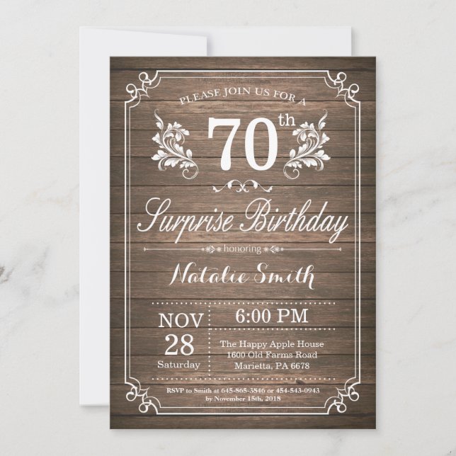 Surprise Rustic 70e anniversaire Invitation Floral (Devant)